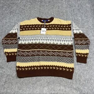 Aelfric Eden Sweater Mens XL Brown Yellow Fair Isle Knit Crewneck Pullover